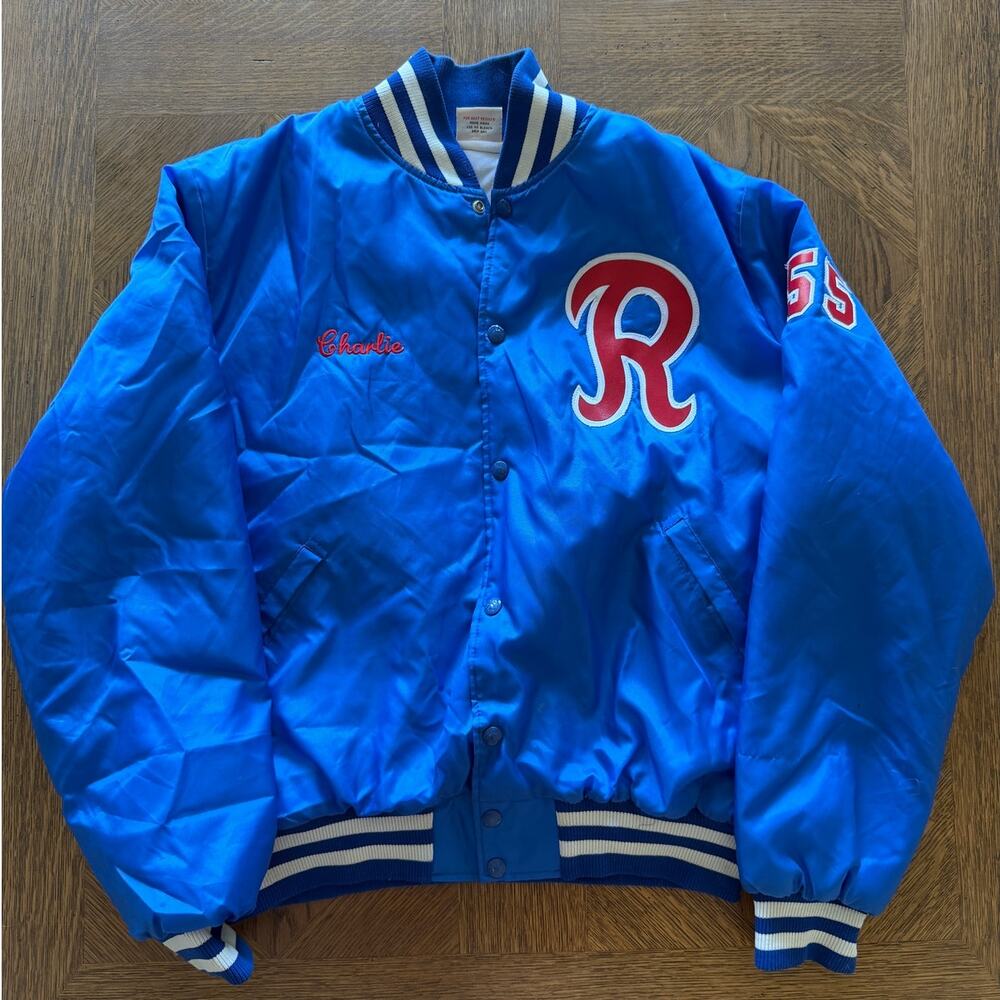 Vintage Birdie Satin Team Jacket Sz L Blue Chenille R Patch